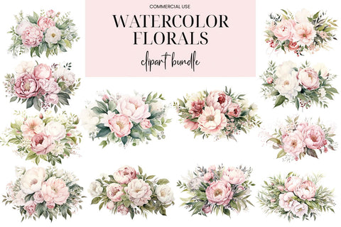 Pink & White Watercolor Floral Bouquets, Wreaths & Elements Sublimation BijouBay 