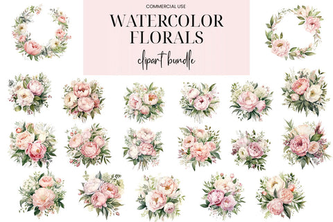 Pink & White Watercolor Floral Bouquets, Wreaths & Elements Sublimation BijouBay 