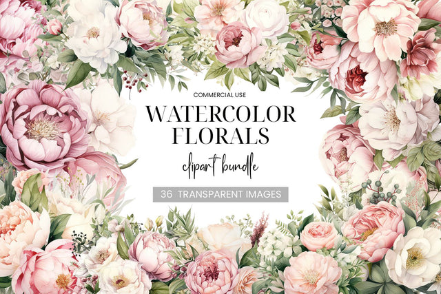 Pink & White Watercolor Floral Bouquets, Wreaths & Elements Sublimation BijouBay 