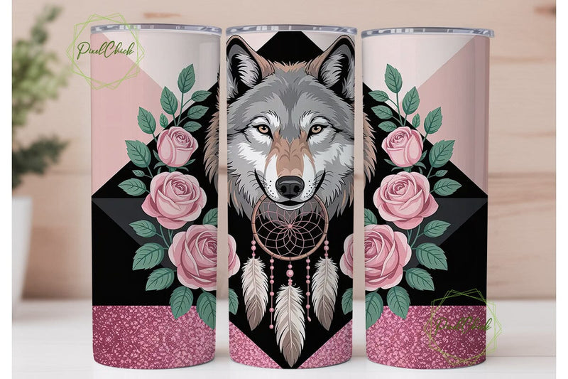 Pink Wolf Dreamcatcher 20oz Tumbler Wrap Sublimation PixelChick 