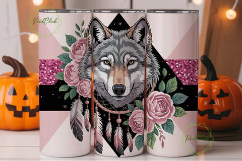 Pink Wolf Dreamcatcher 20oz Tumbler Wrap Sublimation PixelChick 