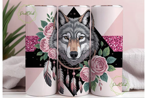 Pink Wolf Dreamcatcher 20oz Tumbler Wrap Sublimation PixelChick 