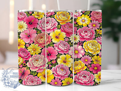 Pink Yellow Floral Art 20oz Tumbler, Floral Motif, Pink Accent, Yellow Theme, Artistic Design, Elegant Flair, Sublimation Wrap, 20oz Tumbler Sublimation ToriDesigns 