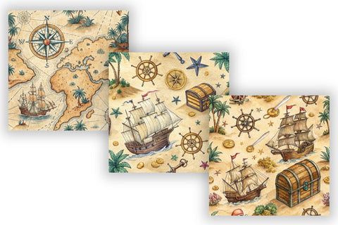 Pirate Adventure Digital Paper Pack, Seamless Watercolor Nautical Pattern Bundle, Printable Scrapbook Paper, Treasure Map Design Collection Digital Pattern FloridPrintables 