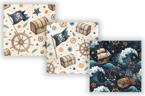 Pirate Adventure Digital Paper Pack, Seamless Watercolor Nautical Pattern Bundle, Printable Scrapbook Paper, Treasure Map Design Collection Digital Pattern FloridPrintables 