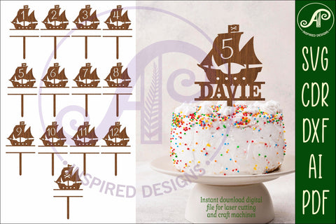 Pirate ship personalized number cake toppers, 13 designs SVG SVG APInspireddesigns 