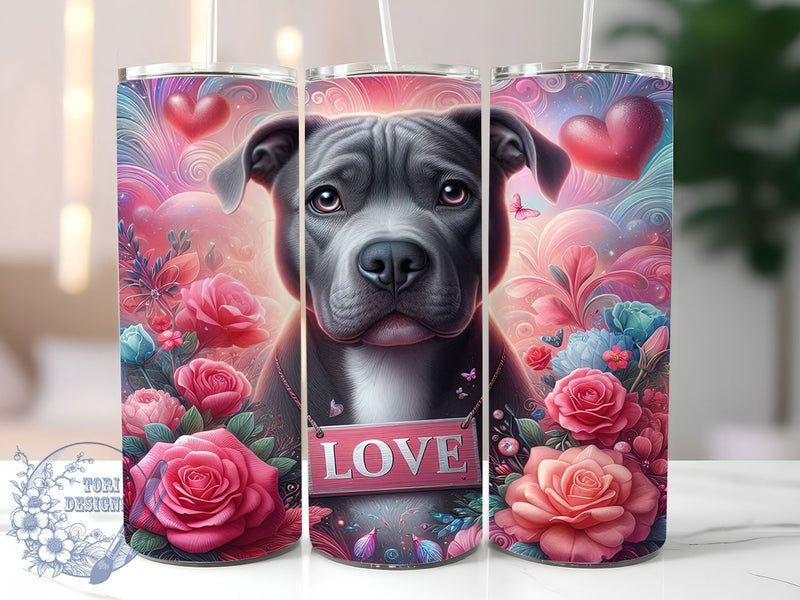 Pit Bull Love Valentine Tumbler, Dog Love Wrap, Cute Pit Bull Cup, 20oz Sublimation Wrap, Stylish Dog Valentine Design Tumbler, Artistic Pit Bull Heart Cup, Pet Lover Valentine Theme Wrap Sublimation ToriDesigns 