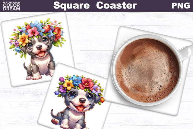 Pit Bull Square Coaster | Dog Flowers Square Coaster Sublimation WatercolorColorDream 