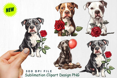 Pit Bull with Red Rose and Floating Hearts Clipart Sublimation Regulrcrative 