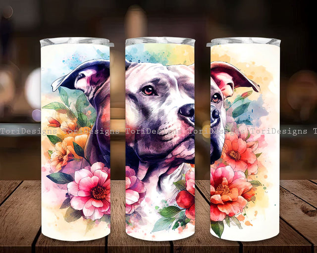 Pitbull Dog with Flowers 20 oz Skinny Tumbler Sublimation Designs, Flowers Tumbler Wrap, Straight & Tapered Tumbler PNG, Pitbull Tumbler Wrap Sublimation ToriDesigns 