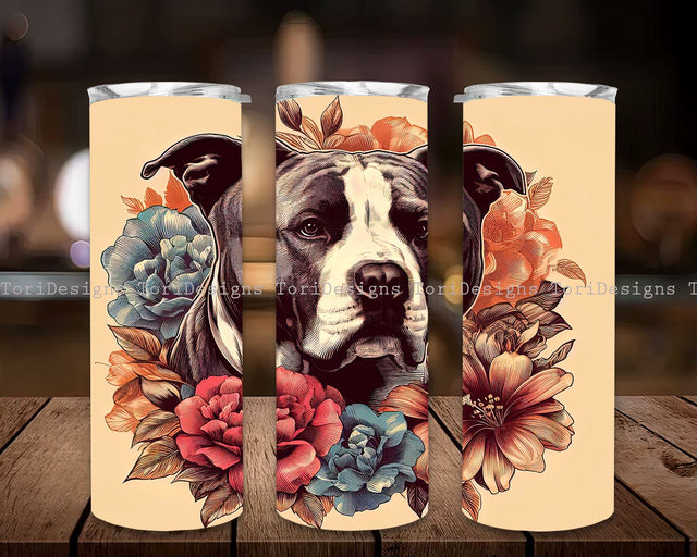 Pitbull Dog with Flowers 20 oz Skinny Tumbler Sublimation Designs, Flowers Tumbler Wrap, Straight & Tapered Tumbler PNG, Pitbull Tumbler Wrap Sublimation ToriDesigns 