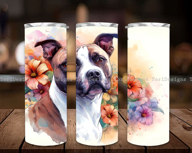 Pitbull Dog with Flowers 20 oz Skinny Tumbler Sublimation Designs, Flowers Tumbler Wrap, Straight & Tapered Tumbler PNG, Pitbull Tumbler Wrap Sublimation ToriDesigns 