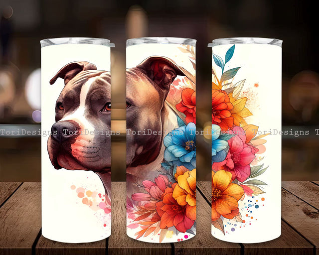 Pitbull Dog with Flowers 20 oz Skinny Tumbler Sublimation Designs, Flowers Tumbler Wrap, Straight & Tapered Tumbler PNG, Pitbull Tumbler Wrap Sublimation ToriDesigns 