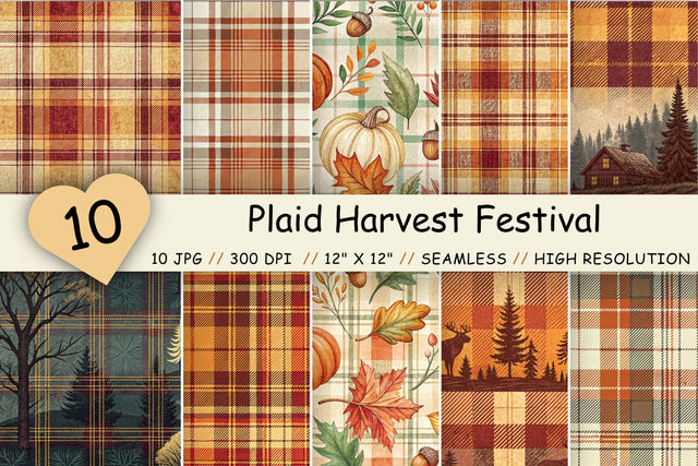 Plaid Harvest Festival Digital Paper, Seamless Fall Pattern Bundle, Printable Scrapbook Paper, Autumn Tartan Design, Burnt Orange Mustard Digital Pattern FloridPrintables 