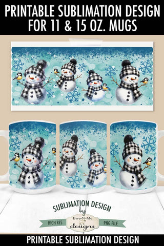 Plaid Snowman Blue Sublimation Mug Designs - 11 & 15 oz PNG Sublimation Ewe-N-Me Designs 