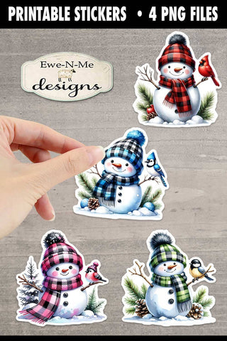 Plaid Snowmen Printable Stickers | 4 Snowman PNG Stickers Sublimation Ewe-N-Me Designs 