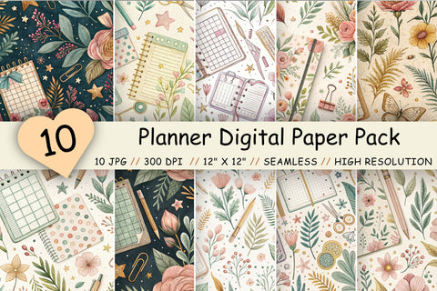 Planner Digital Paper Pack, Seamless Watercolor Pattern Bundle, Printable Scrapbook Paper, Cute Organizer Design Collection Digital Pattern FloridPrintables 