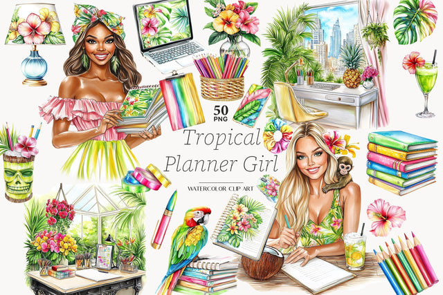 Planner Girl Clip Art | Summer Planner Clipart Tropical SVG GlamArtZhanna 