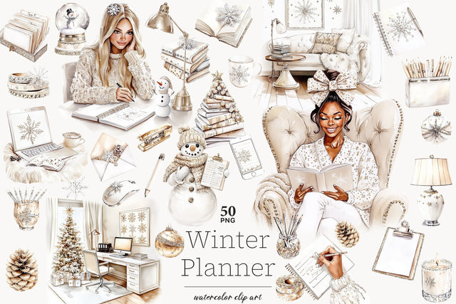 Planner Girl Clip Art | Winter Christmas PNG Cozy Book Lover SVG GlamArtZhanna 