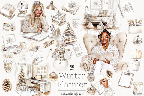 Planner Girl Clip Art | Winter Christmas PNG Cozy Book Lover SVG GlamArtZhanna 