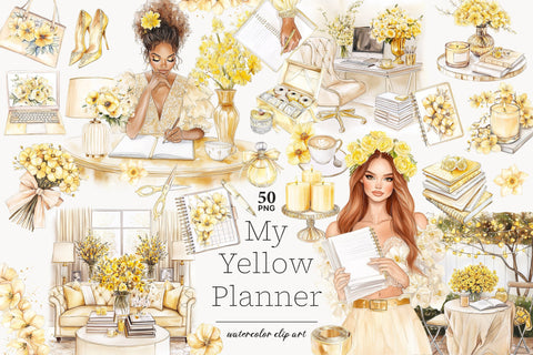 Planner Girl Clipart | Yellow Glam Planner | Spring Clip Art SVG GlamArtZhanna 