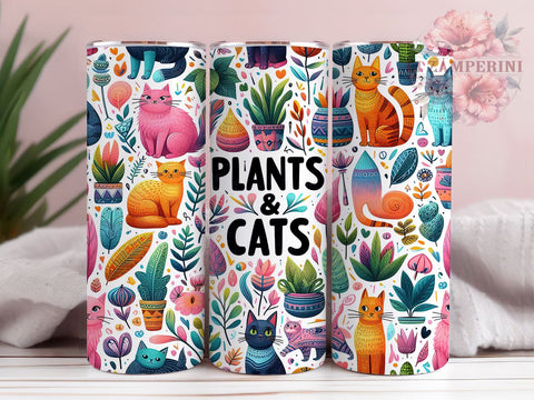 Plants and Cats 20oz Tumbler Wrap PNG, Cat Lover Boho Tumbler Png, Straight & Tapered Tumbler Wrap, Instant Digital Download Sublimation Li Zamperini 