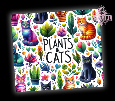 Plants and Cats 20oz Tumbler Wrap Sublimation Design, Straight Tapered Tumbler Wrap, Cat Lover Boho Tumbler Png, Instant Digital Download Sublimation SvggirlplusArt 