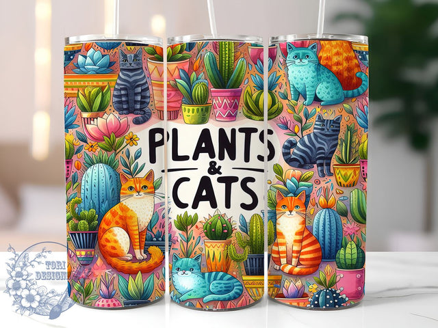 Plants and Cats Funny Cute 20oz Skinny Tumbler, Cat Lover Boho Tumbler Png, Straight & Tapered Tumbler Wrap, Instant Digital Download Sublimation ToriDesigns 