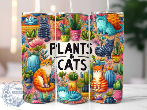 Plants and Cats Funny Cute 20oz Skinny Tumbler, Cat Lover Boho Tumbler Png, Straight & Tapered Tumbler Wrap, Instant Digital Download Sublimation ToriDesigns 