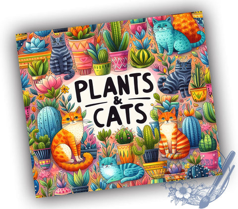 Plants and Cats Funny Cute 20oz Skinny Tumbler, Cat Lover Boho Tumbler Png, Straight & Tapered Tumbler Wrap, Instant Digital Download Sublimation ToriDesigns 