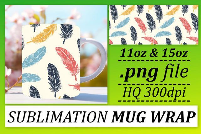 Playful Colorful Feather Mug Sublimation: 11oz 15oz Trendy Whimsy Sublimation afrosvg 