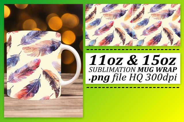 Playful Colorful Feather Mug Sublimation: 11oz 15oz Whimsical Style Sublimation afrosvg 