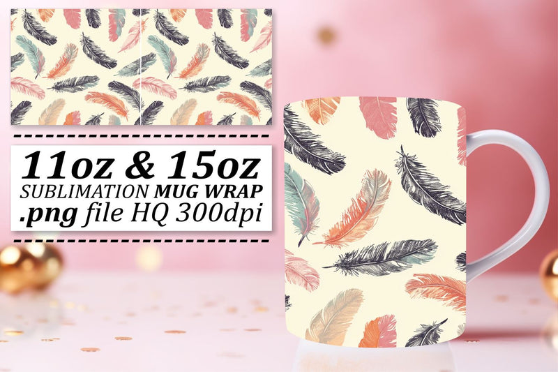 Playful Colorful Feather Mug Wrap: Sublimation Joyful Charm 11oz 15oz Sublimation afrosvg 