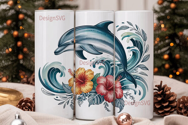 Playful Dolphin & Hibiscus 20oz Tumbler Sublimation DesignSVG 