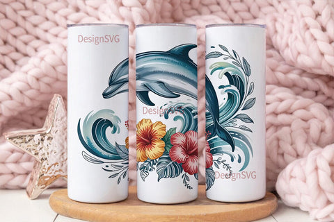 Playful Dolphin & Hibiscus 20oz Tumbler Sublimation DesignSVG 