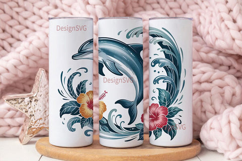 Playful Dolphin & Hibiscus 20oz Tumbler Sublimation DesignSVG 
