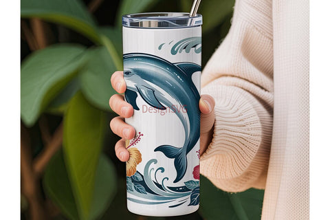 Playful Dolphin & Hibiscus 20oz Tumbler Sublimation DesignSVG 