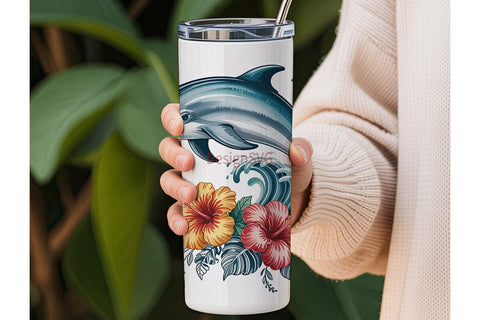 Playful Dolphin & Hibiscus 20oz Tumbler Sublimation DesignSVG 