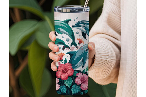Playful Dolphins & Hibiscus 20oz Tumbler Sublimation DesignSVG 