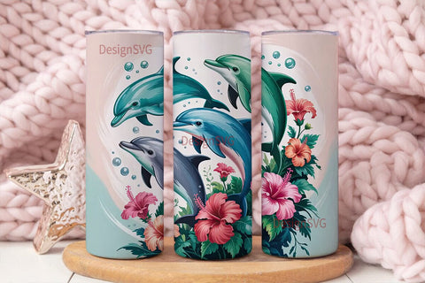 Playful Dolphins & Hibiscus 20oz Tumbler Sublimation DesignSVG 