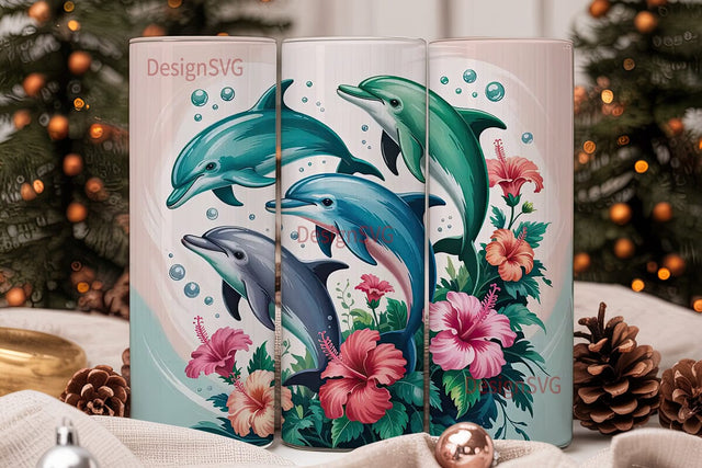 Playful Dolphins & Hibiscus 20oz Tumbler Sublimation DesignSVG 