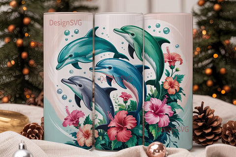 Playful Dolphins & Hibiscus 20oz Tumbler Sublimation DesignSVG 