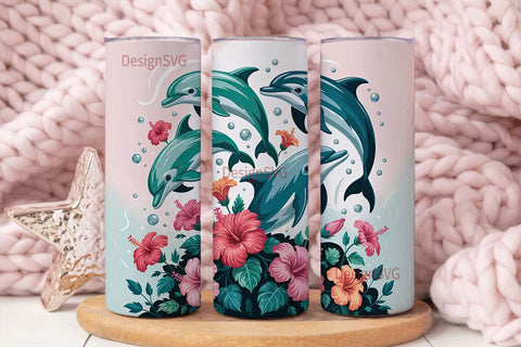 Playful Dolphins & Hibiscus 20oz Tumbler Sublimation DesignSVG 