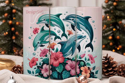 Playful Dolphins & Hibiscus 20oz Tumbler Sublimation DesignSVG 