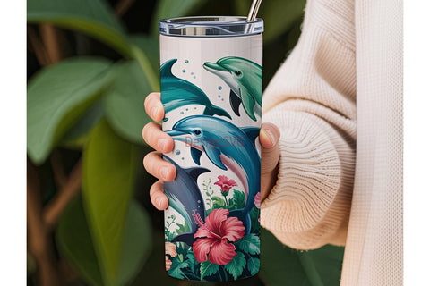 Playful Dolphins & Hibiscus 20oz Tumbler Sublimation DesignSVG 