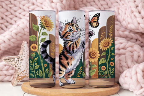 Playful Kitten & Sunflowers 20oz Sublimation DesignSVG 