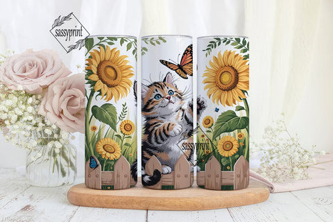 Playful Kitten & Sunflowers Tumbler Wrap Sublimation sassyprint 