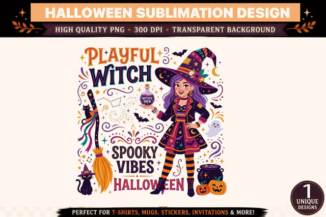Playful Witch PNG, Spooky Vibes Halloween Sublimation Design, Cute Witch Girl with Black Cat and Pumpkin, Colorful Witchcraft Clipart for T Shirts and Mugs Sublimation BlackCatsMedia 