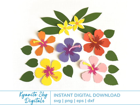 Plumeria Hibiscus SVG cut files tropical flowers with leaves SVG Kyanite Sky Digitals 