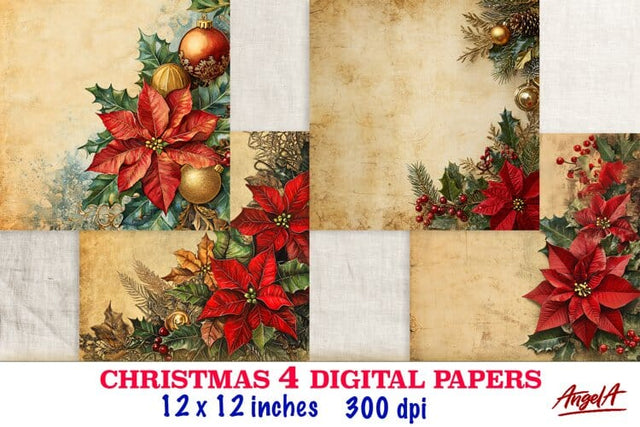 Poinsettia Christmas floral digital paper, old paper texture Digital Pattern Angelina Semenova 